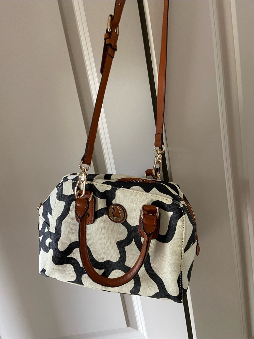 Tous Black and White Patterned Crossbody Bag with Brown Trim